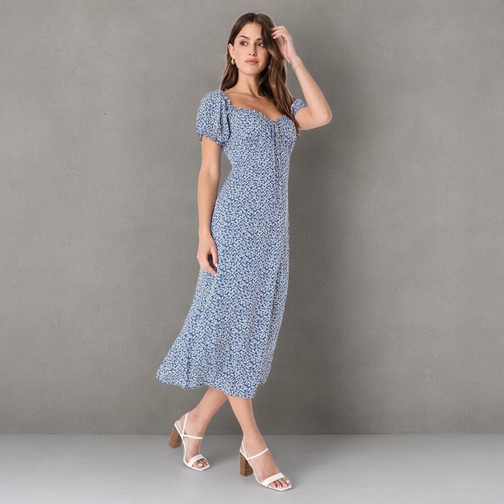 Lulus NWT Pleasant Perfection Midi Dress S Blue White Floral Puff Sleeve Cottage